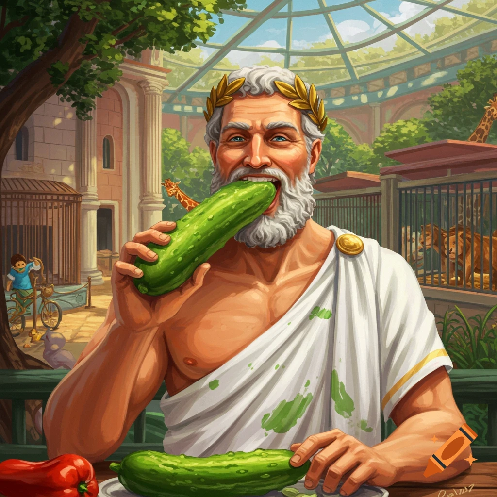 An old man in a toga and laurel wreath eating a large cucumber in a zoo