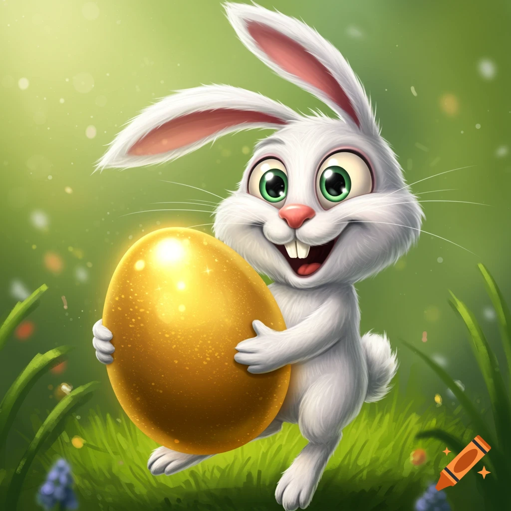 A whimsical cartoon Easter bunny holds a glowing golden egg in a grassy field.