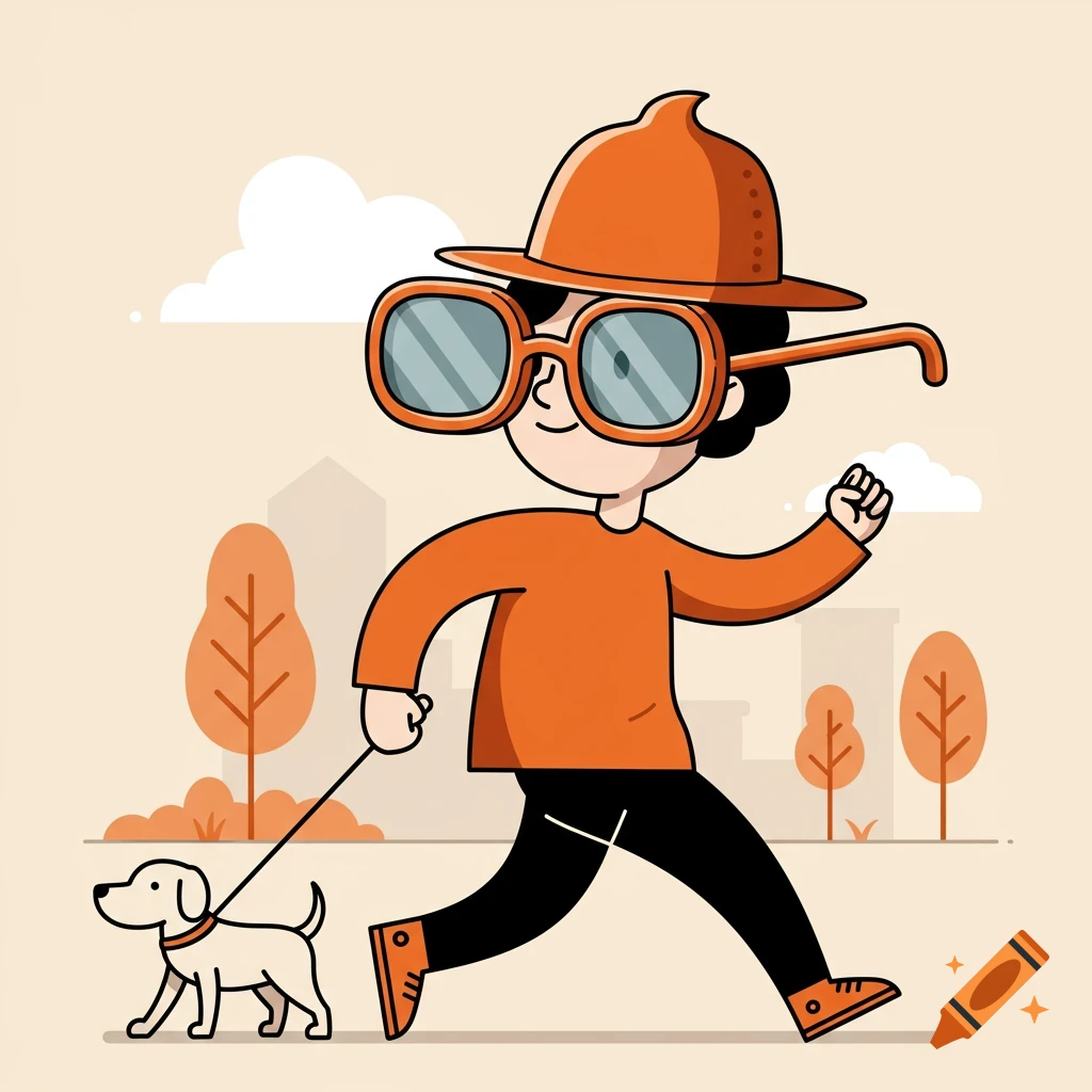 Vector graphic of a person with big sunglasses and hat walking a small dog.