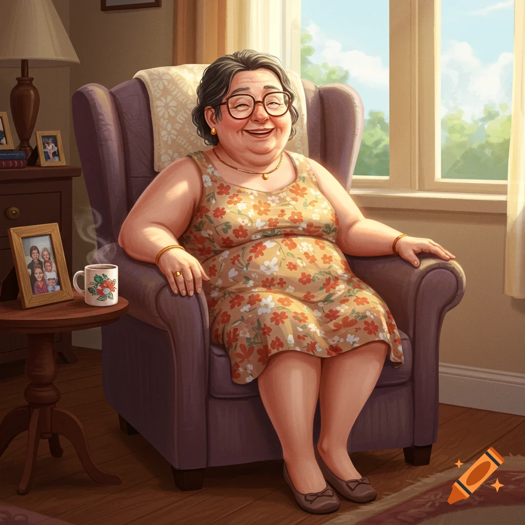 A grandmother with glasses is sitting in an armchair and smiling.