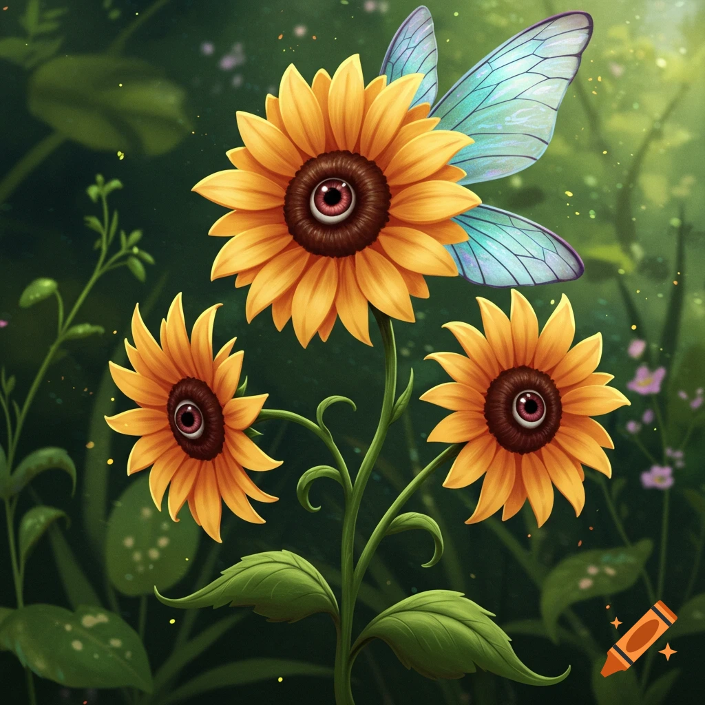 Three stylized sunflowers with eyeballs in the centers, one has blue wings, in a blurry green garden.