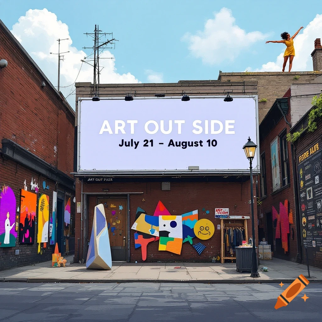 A street featuring a large art festival billboard, wall art, sculpture, and a dancer on a rooftop.