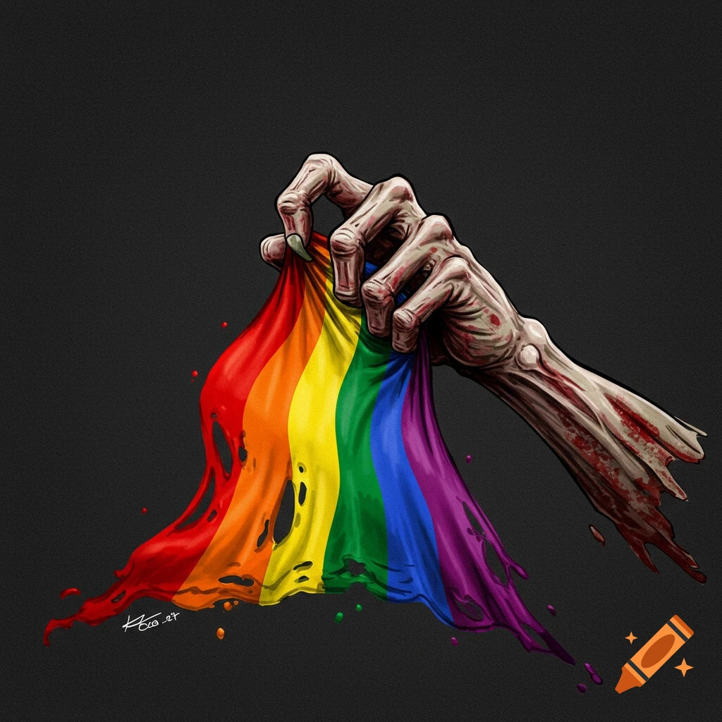 A withered, bony hand pulls down a rainbow-colored fabric.