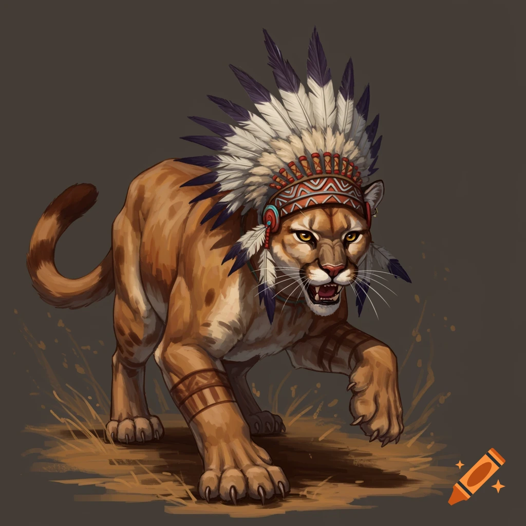 A cougar wearing an intricately detailed feathered headdress.