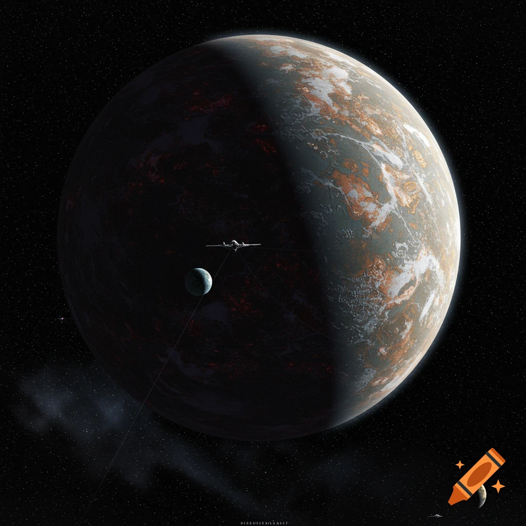 A large planet, moon, and spaceship are in space.
