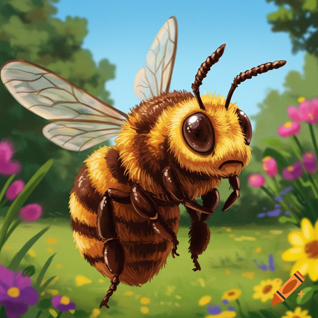 A cute, fluffy cartoon bee with big eyes flies in a flower garden.