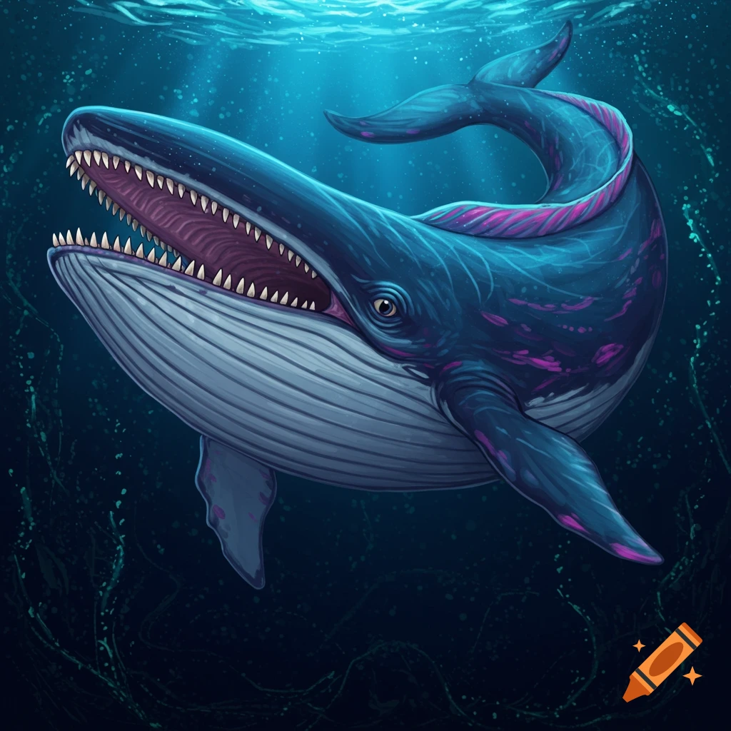 A stylized image of a blue whale with an open mouth full of teeth and an eel-like tail swimming underwater.