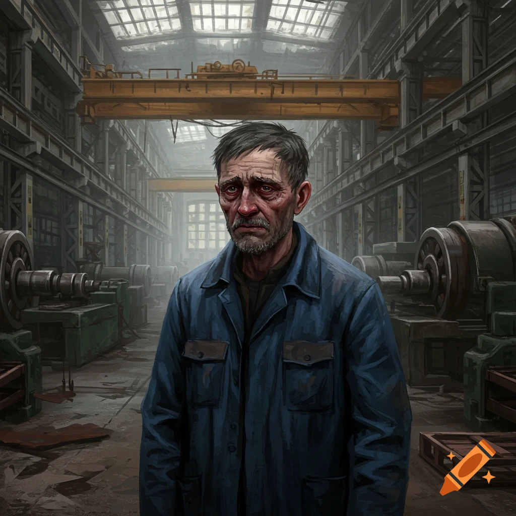 A sad man stands in a dimly lit factory.