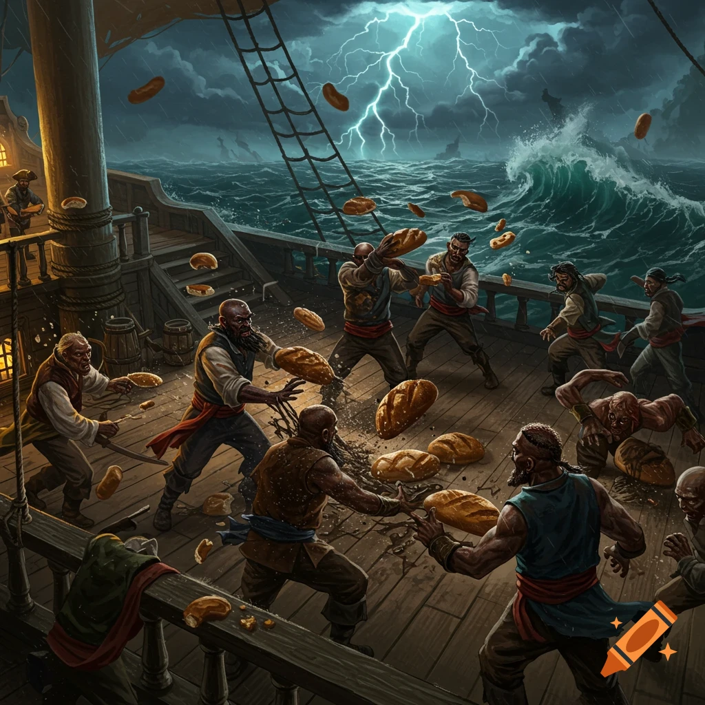 Pirates fight with bread loaves on a ship deck during a storm at sea.