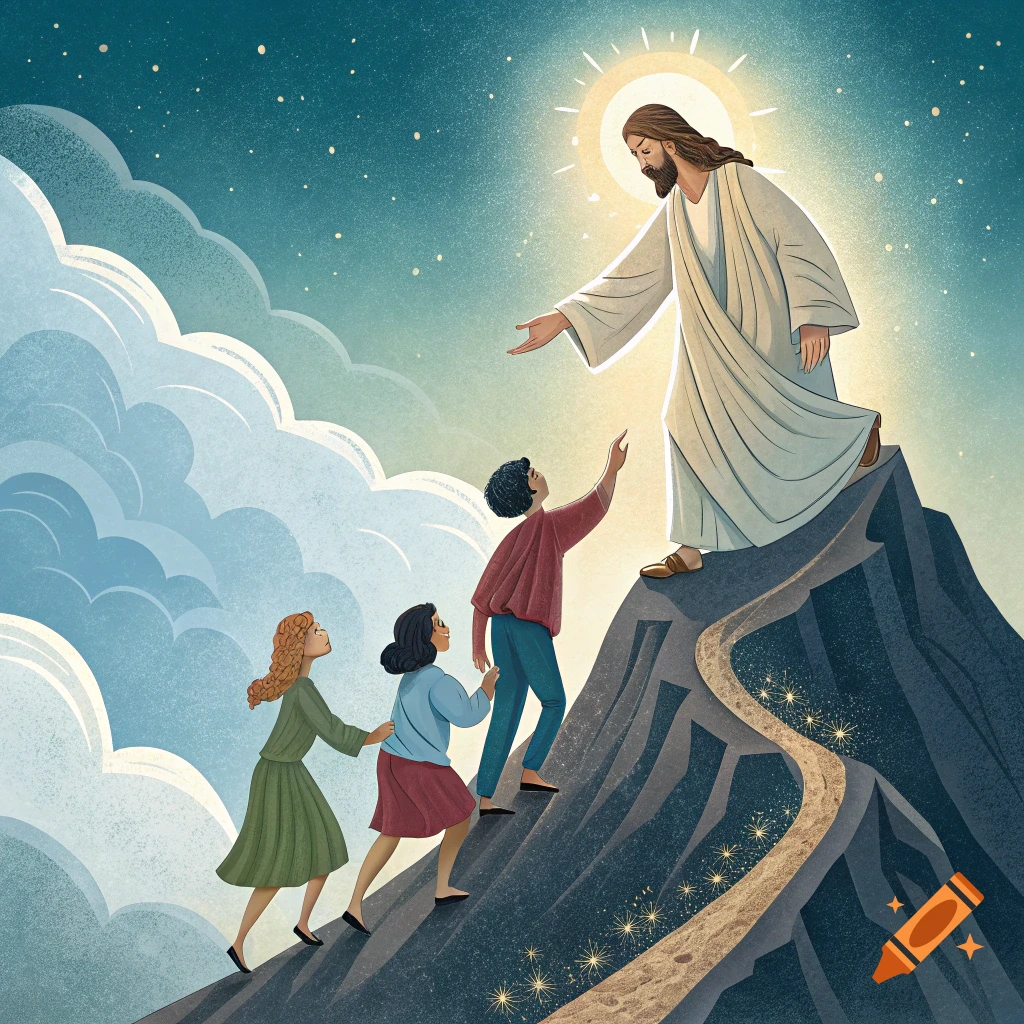 Illustrative religious scene of Jesus on a mountain peak reaching out to three people climbing towards him under a starry sky.