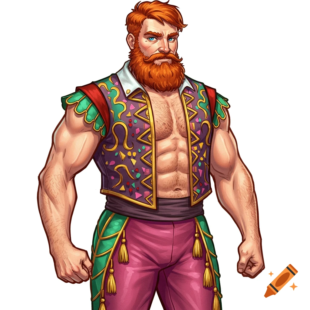 A muscular, redheaded man is wearing a colorful, embroidered vest and pink pants.