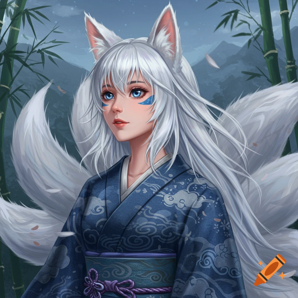 Silver-haired kitsune girl in blue kimono with fox ears and multiple tails standing among bamboo with mountains in background.