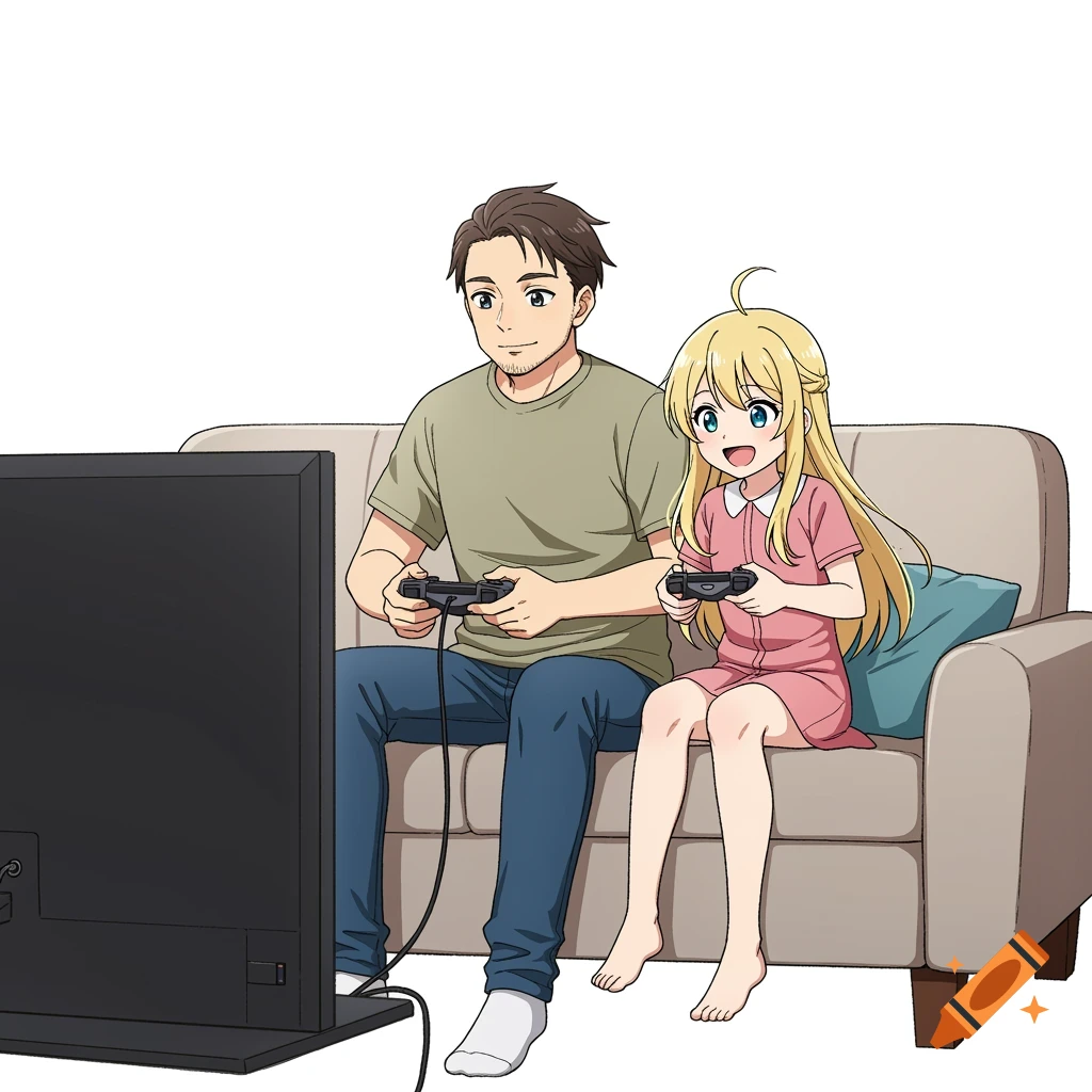 Anime father and daughter play video games on couch