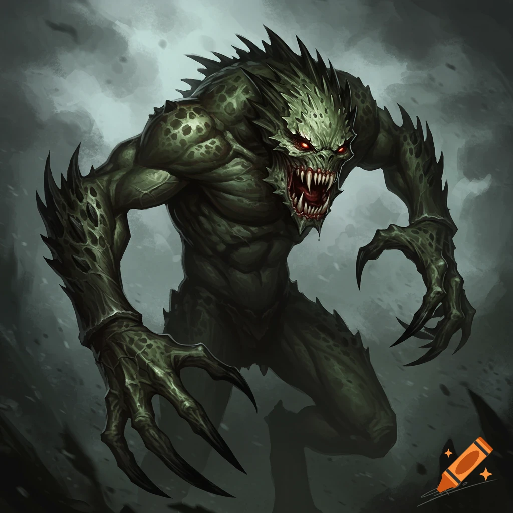 A green, scaly monster with red eyes, sharp teeth, and long claws in a dynamic pose.