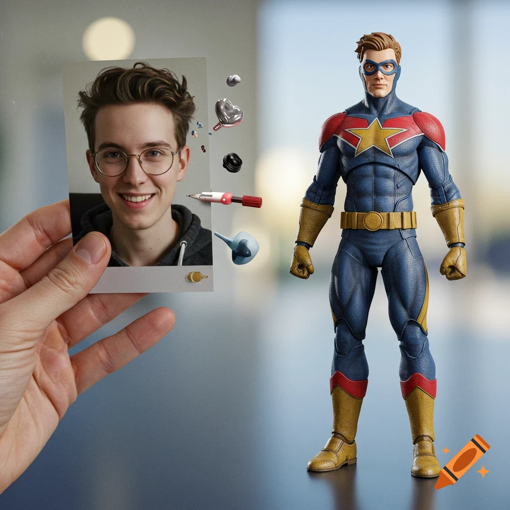 A hand holds a photo of a smiling man in glasses next to a superhero action figure.