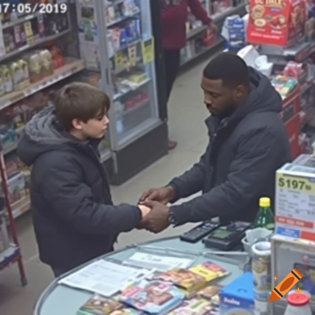 CCTV footage of a boy and a man interacting at a convenience store counter.