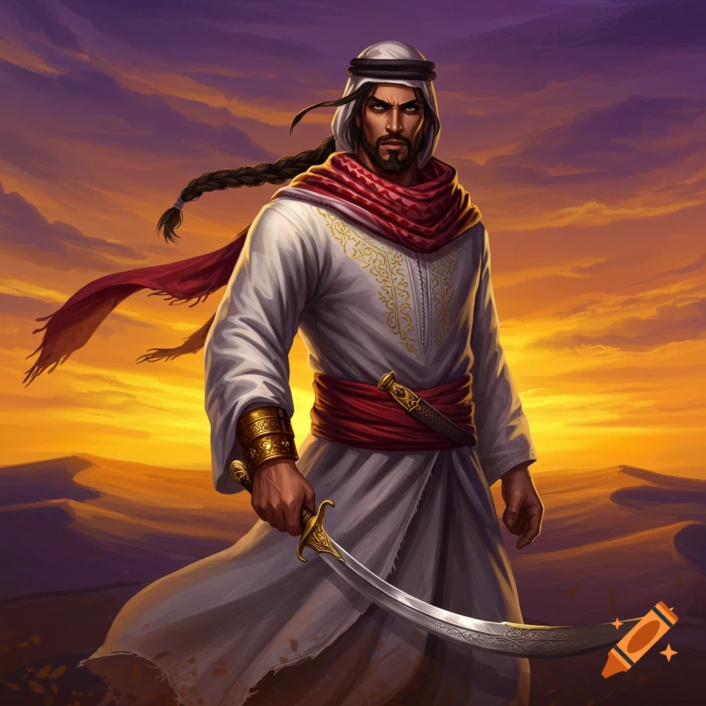 An Arabian warrior with a sword in a desert at sunset
