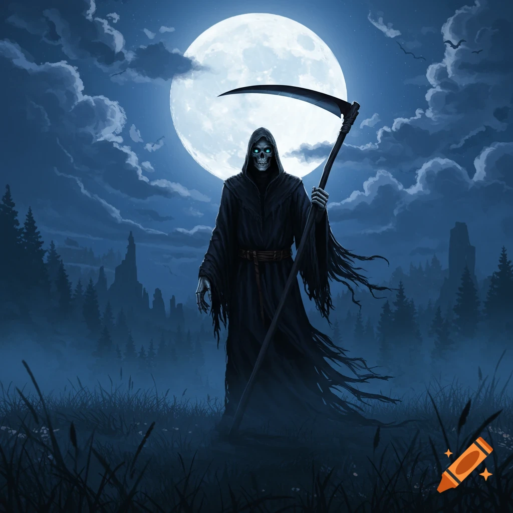 The Grim Reaper holding a scythe in a misty field under a large full moon at night.
