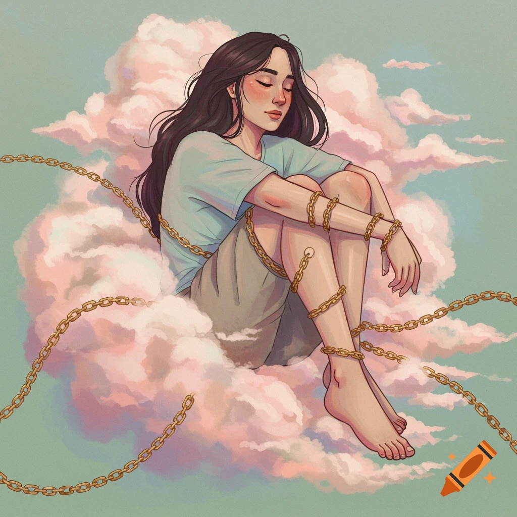 A young woman sits on a cloud, wrapped in golden chains, with her eyes closed.