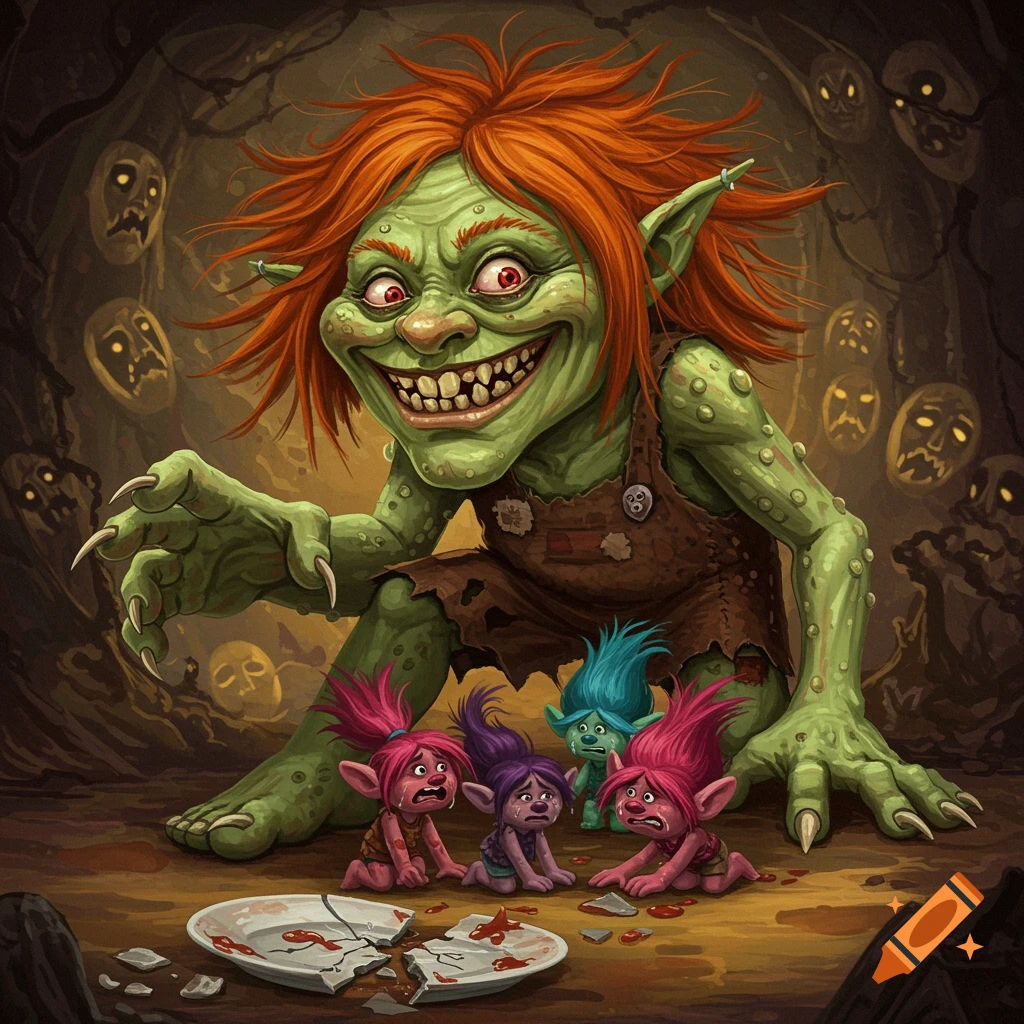 A grotesque green troll looms over crying small trolls next to a broken plate in a dark cave.