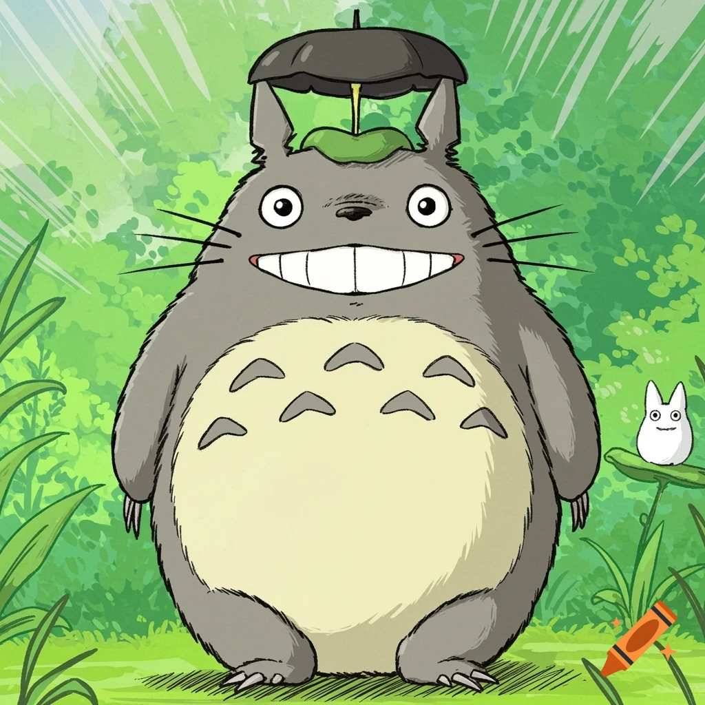 An illustration of Totoro holding an umbrella in a forest with a small white creature nearby.