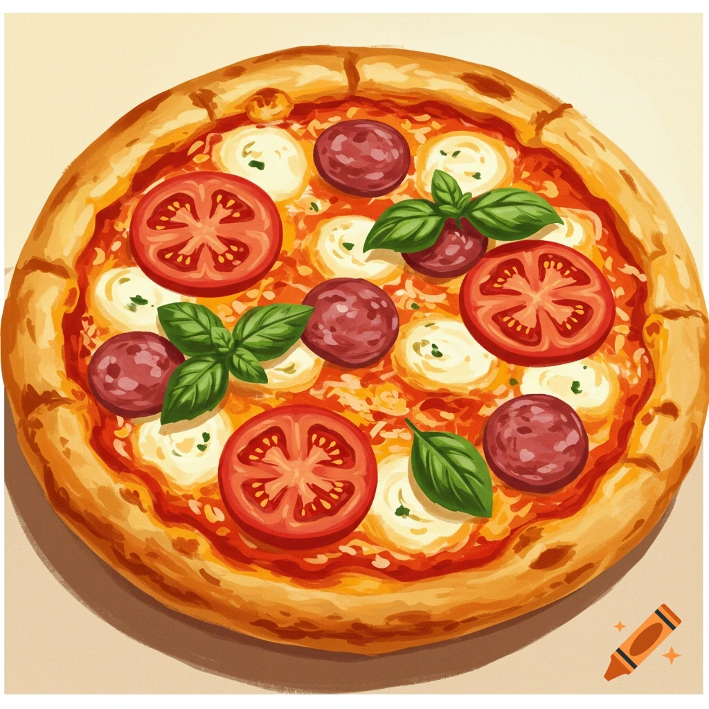 A pizza with pepperoni, mozzarella, tomatoes, and basil.