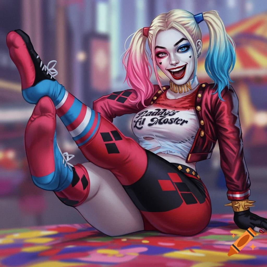 Harley Quinn in her classic outfit and socks, sitting and smiling.