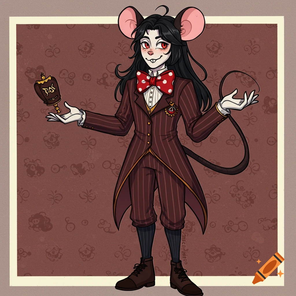Illustration of a person with mouse ears and tail in a striped suit and red bow tie, holding an ornate object.