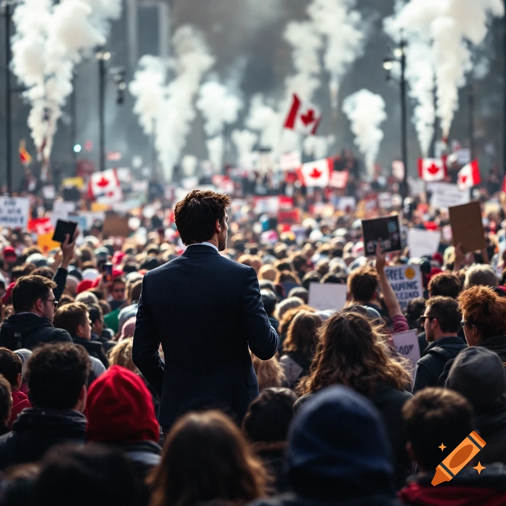 Man in suit viewed from behind, looking at a large crowd with Canadian flags and signs at a protest.