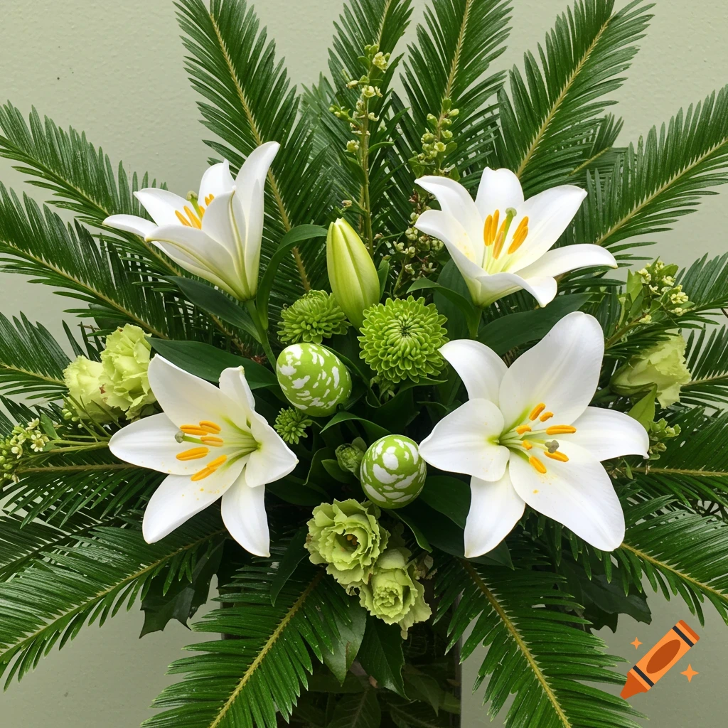 Photorealistic flower arrangement with white lilies, sago palm fronds, green chrysanthemums, and speckled eggs.