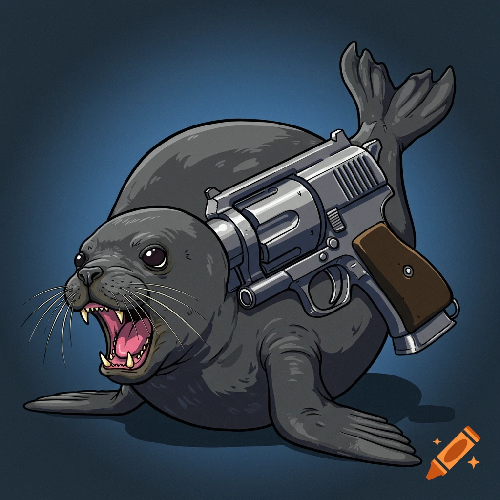 Cartoon illustration of a seal with a large revolver strapped to its head.