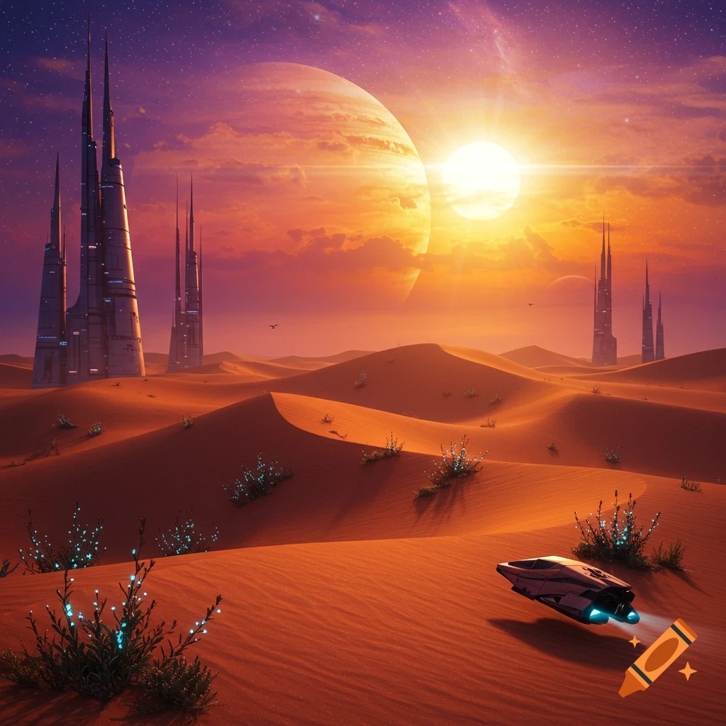 A futuristic desert landscape at sunset with tall buildings and a spaceship