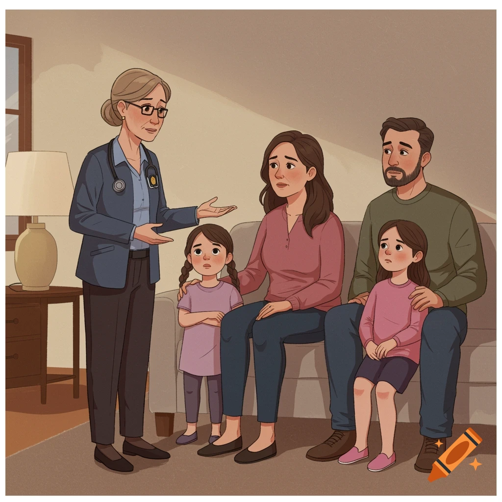 An illustration of a social worker talking to a family on a couch.