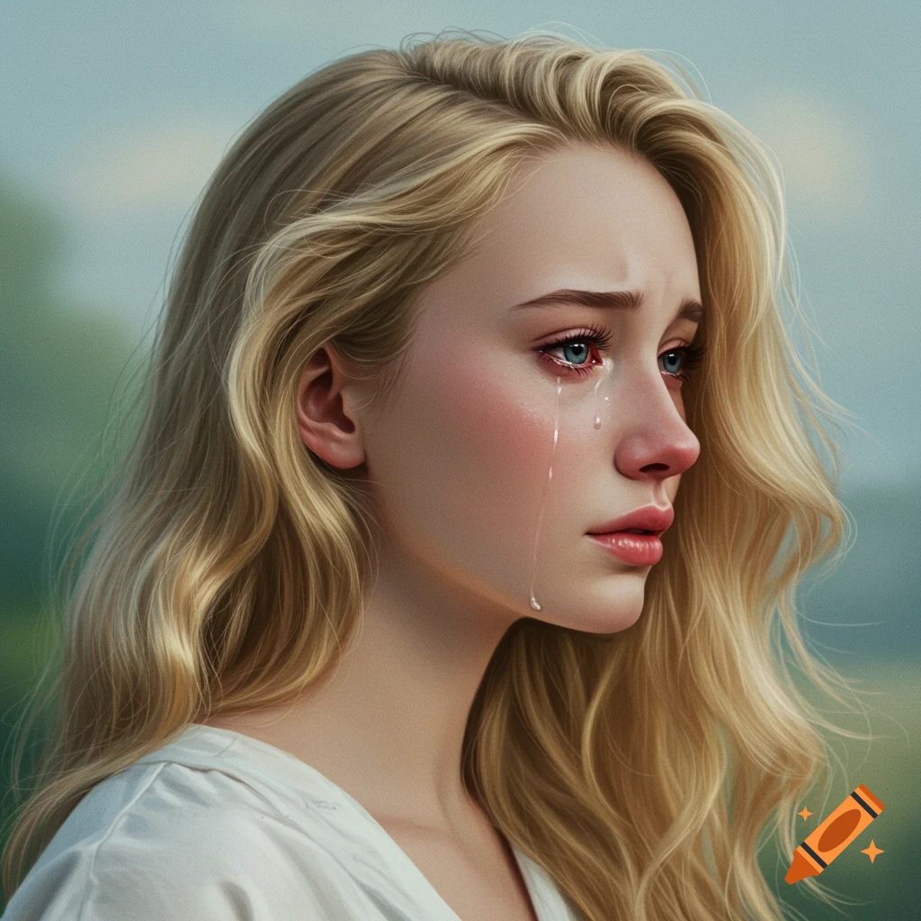 Realistic profile portrait of a young blonde woman crying.