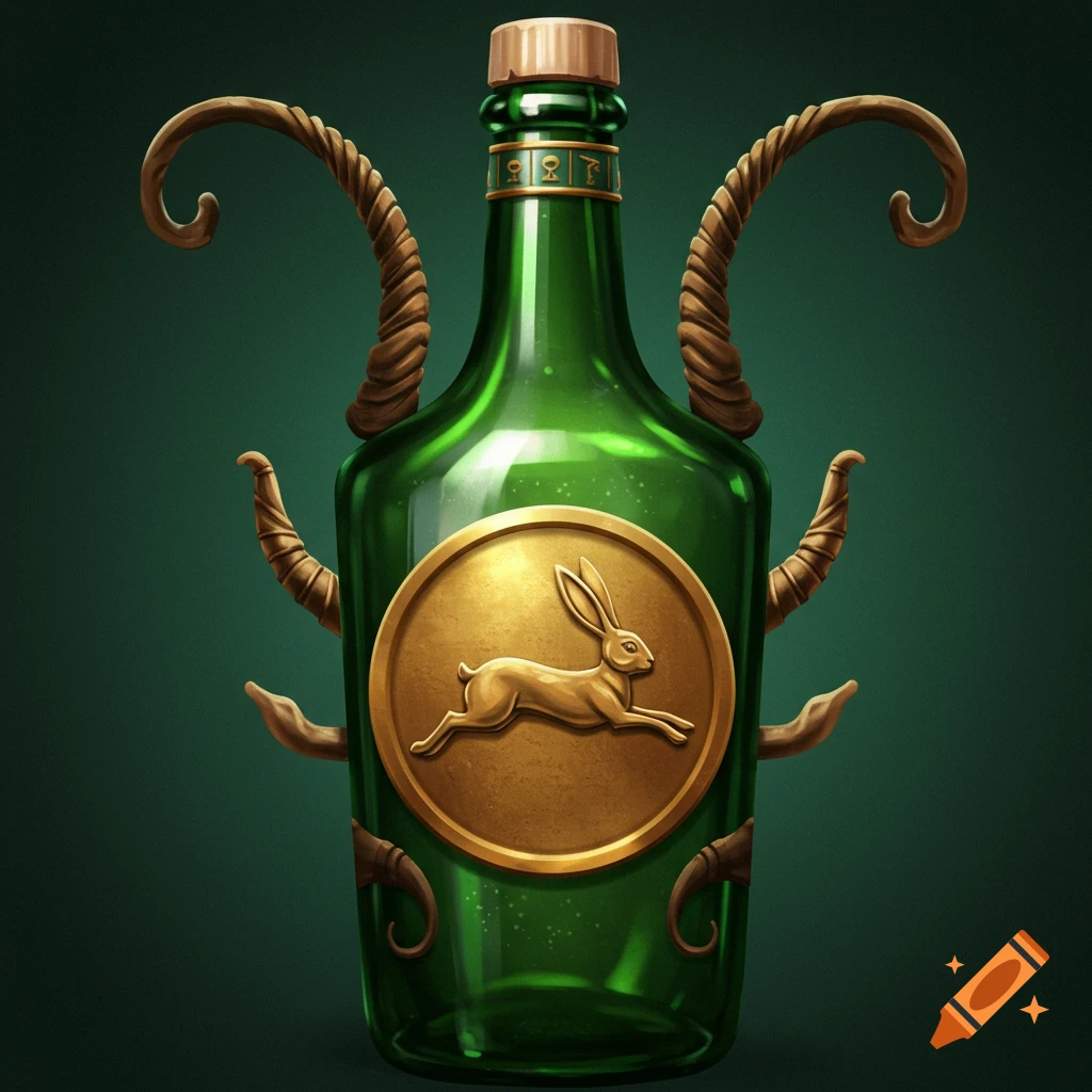 A green bottle with a gold medallion featuring a leaping rabbit and decorative horns.