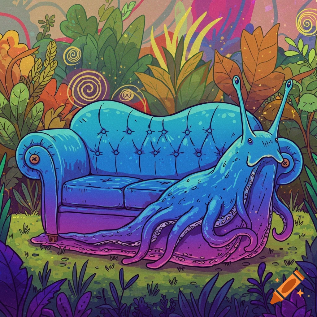 A blue sofa-slug creature with tentacles rests on a couch in a colorful fantasy garden.