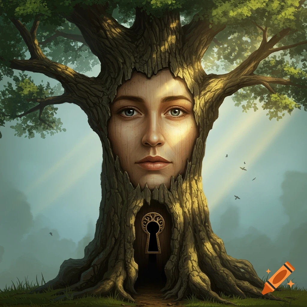 A tree trunk with a realistic human face and a keyhole instead of a mouth.