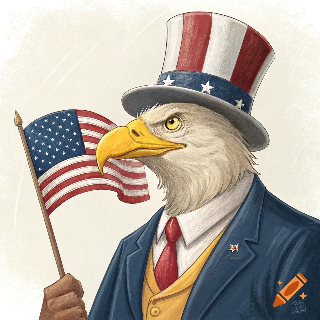 Illustration of a bald eagle wearing a suit and top hat, holding an American flag.