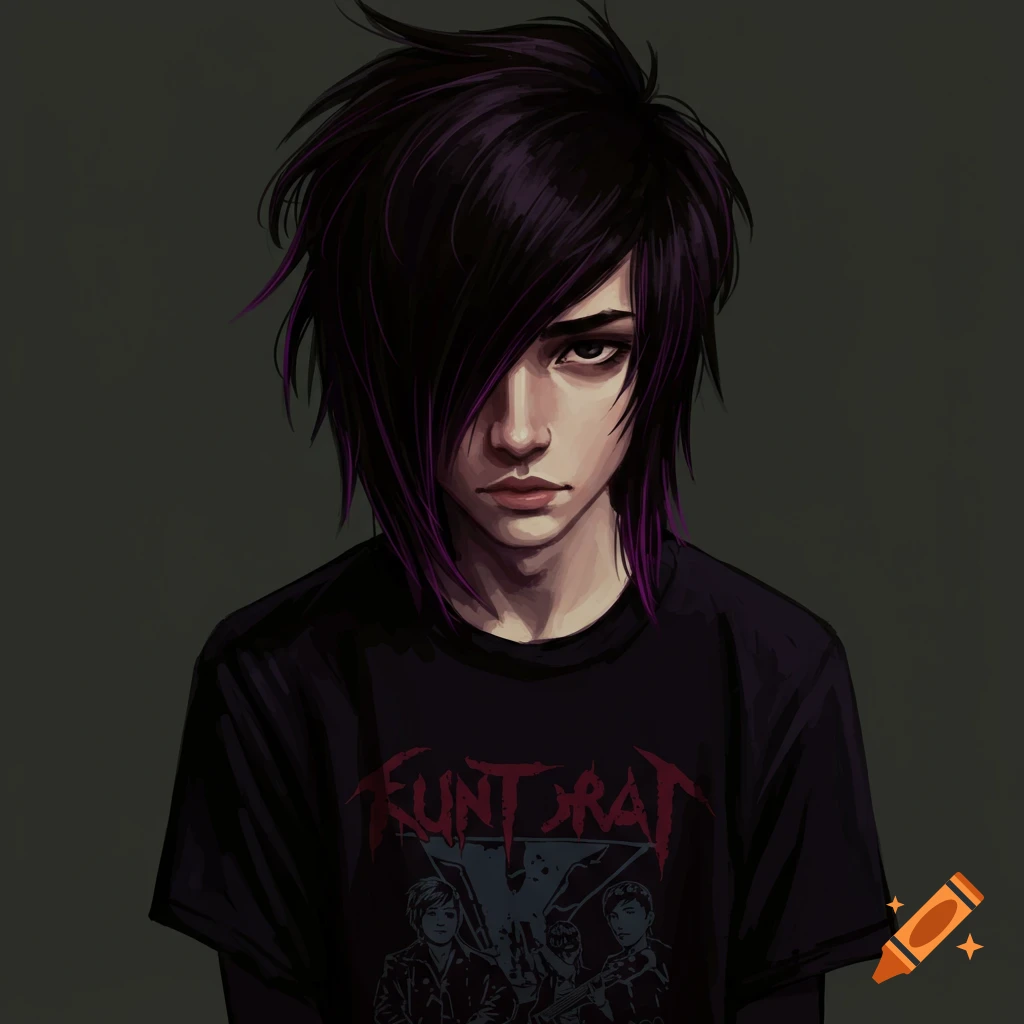 A young person with black and purple emo hair and a band t-shirt.