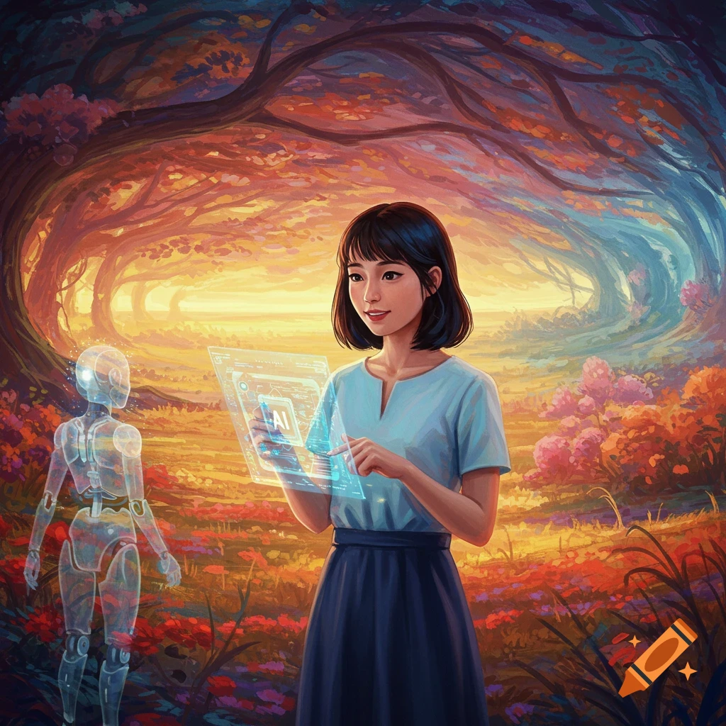 A woman interacts with a holographic screen next to a robot in a glowing fantasy forest.