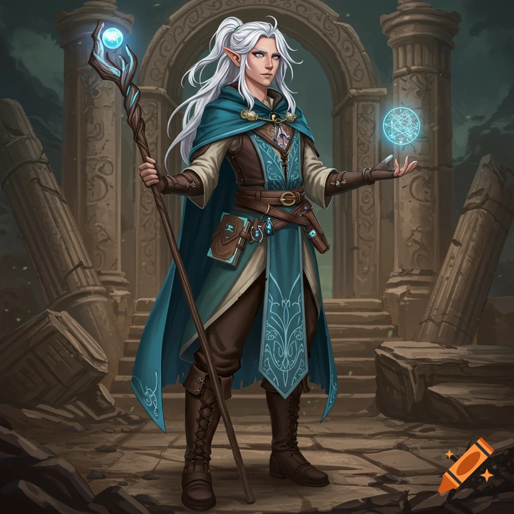 Anime style illustration of an elf mage with white hair, holding a staff and a glowing orb in front of ancient ruins.
