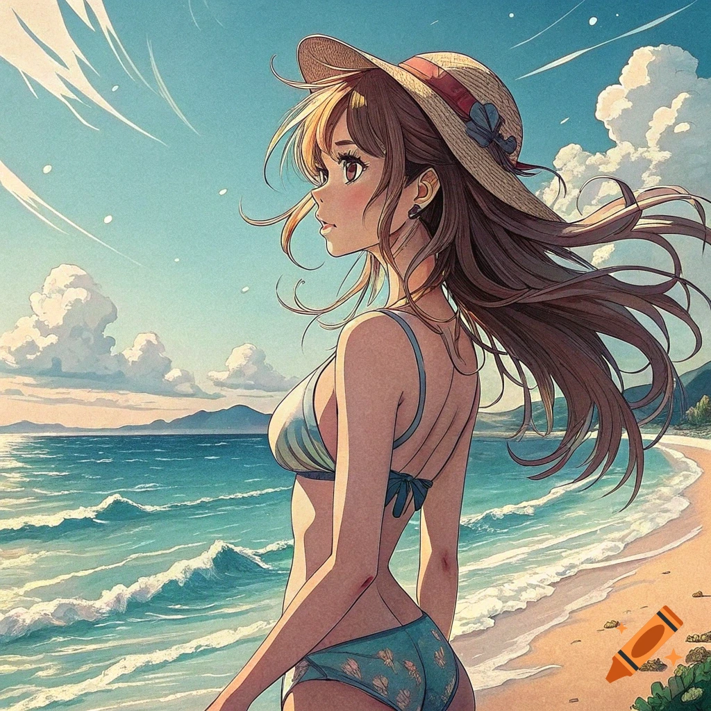 Anime woman in a straw hat and bikini stands on a beach looking at the ocean.