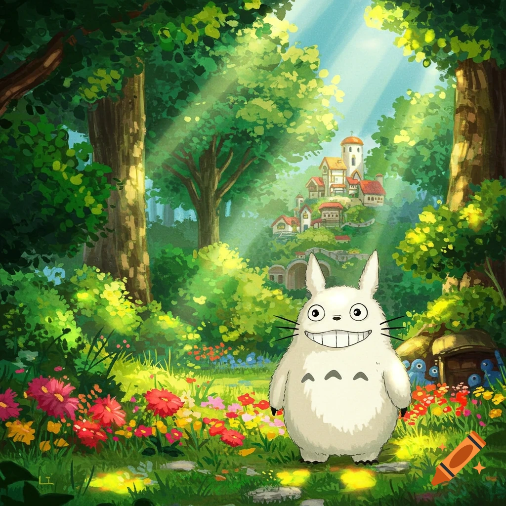 A large white Totoro stands in a sunny forest clearing filled with flowers, with a village on a hill in the background.