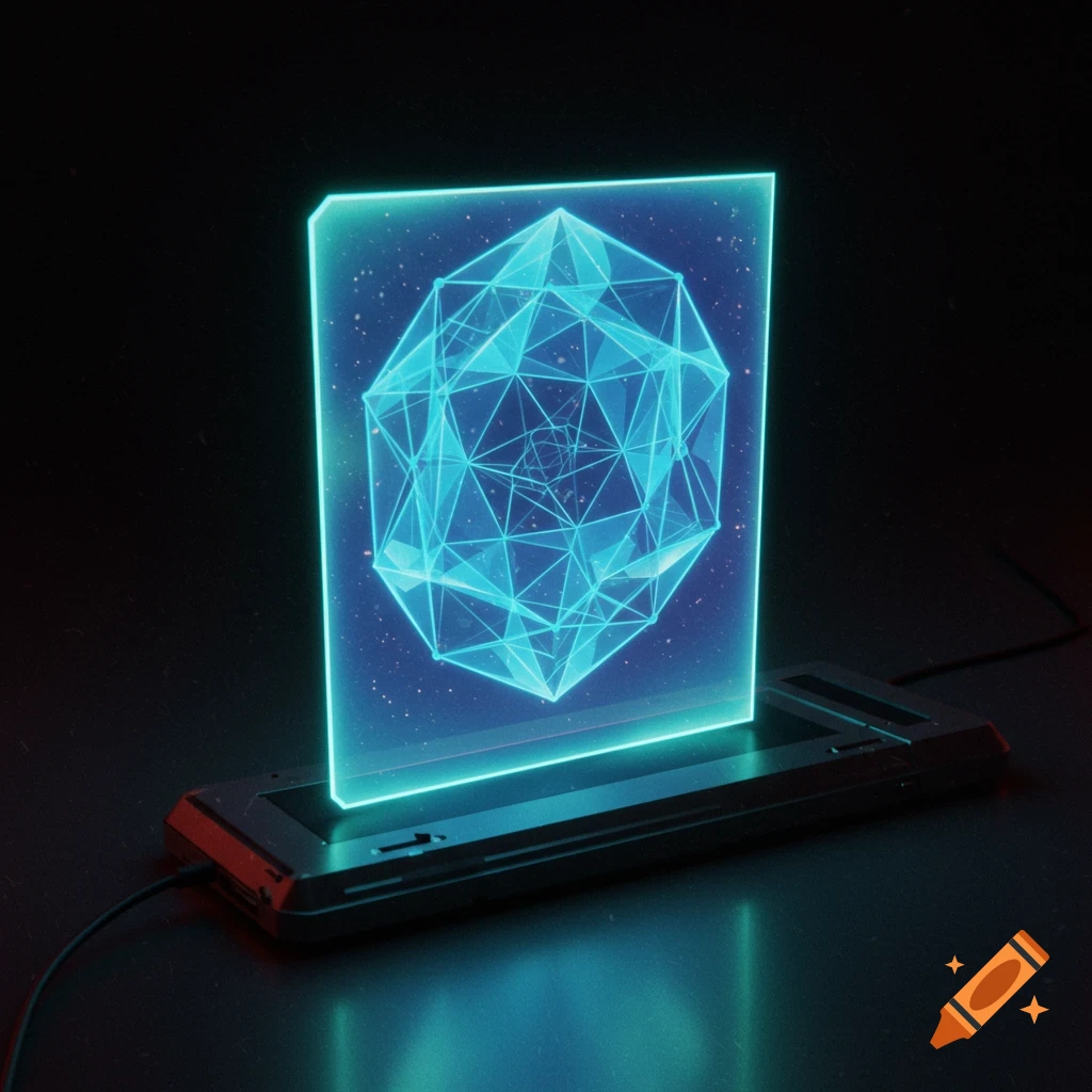 Glowing blue geometric hologram projected from a futuristic base