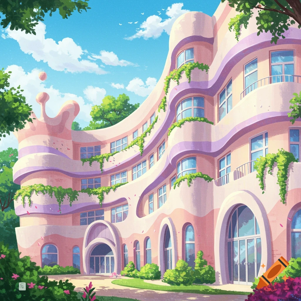 A whimsical, curvy pastel building with large windows and greenery.