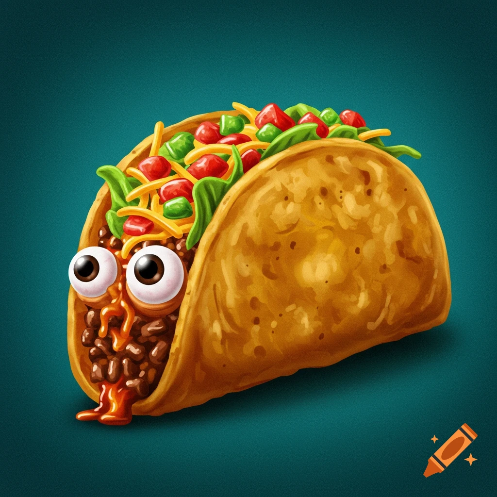 A cartoon taco with googly eyes and dripping filling.