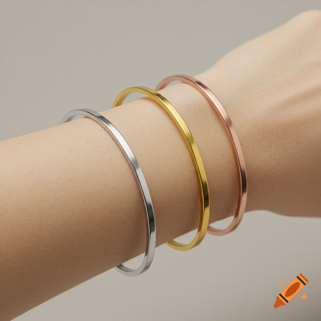 A close-up photo shows three simple cuff bracelets in silver, gold, and rose gold worn on a person's arm.