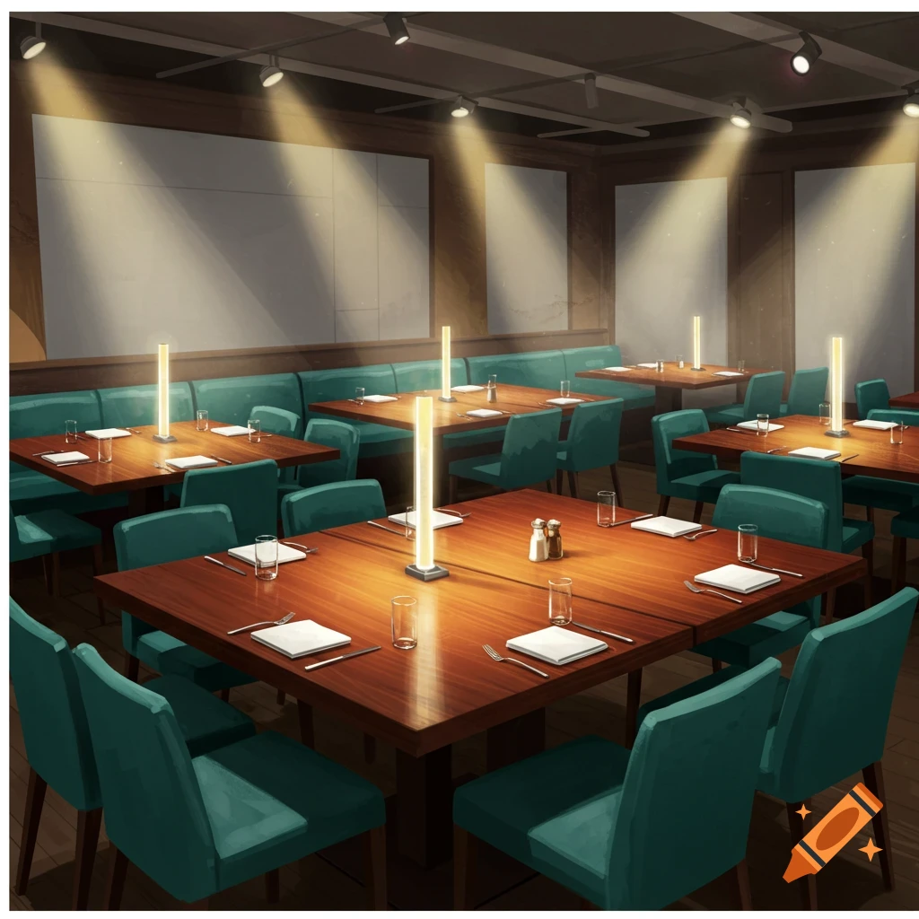 A restaurant interior with multiple tables, chairs, booth seating, and ambient lighting.