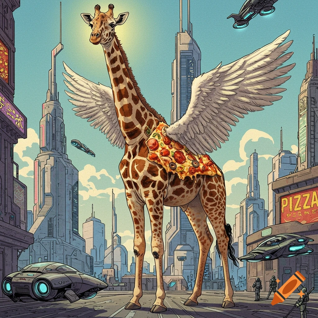 A giraffe with angel wings and pizza on its back, standing in a futuristic city street.
