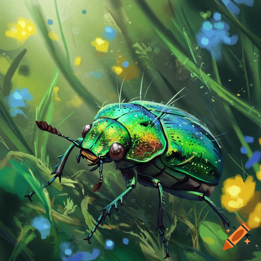 A detailed image of a shiny green beetle crawling through tall green grass.